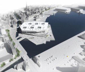 Dokk1 er placeret ved åens udløb i havnen. Illustration: Urban Mediaspace Aarhus.
